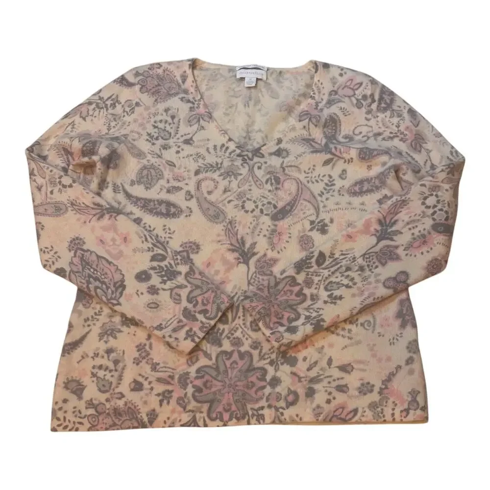 Charter Club 2 Ply Cashmere Pink/Gray Paisley Women's V Neck Sweater Sz Medium - Picture 2 of 7